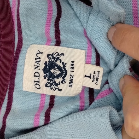 Old Navy sky blue pink burgundy stripe athletic prep polo top size large - Picture 5 of 9